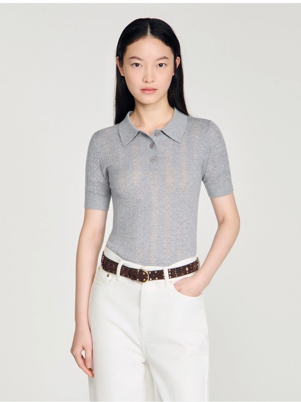 Sandro NWT Light Gray Short-Sleeve Knit Polo